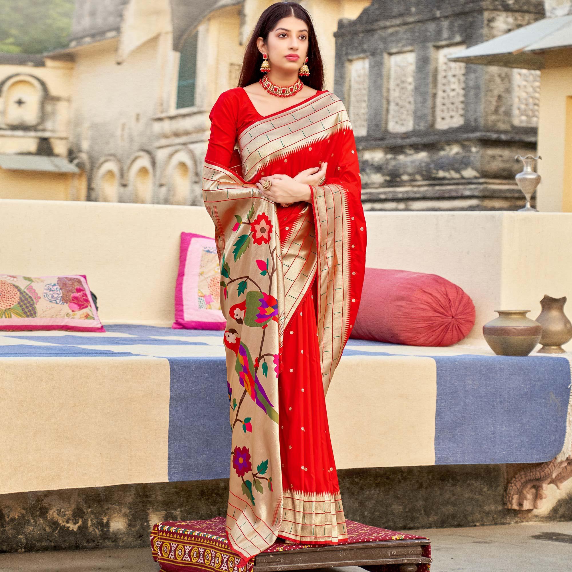 Red Festive Wear Woven Banarasi Silk Saree - Peachmode