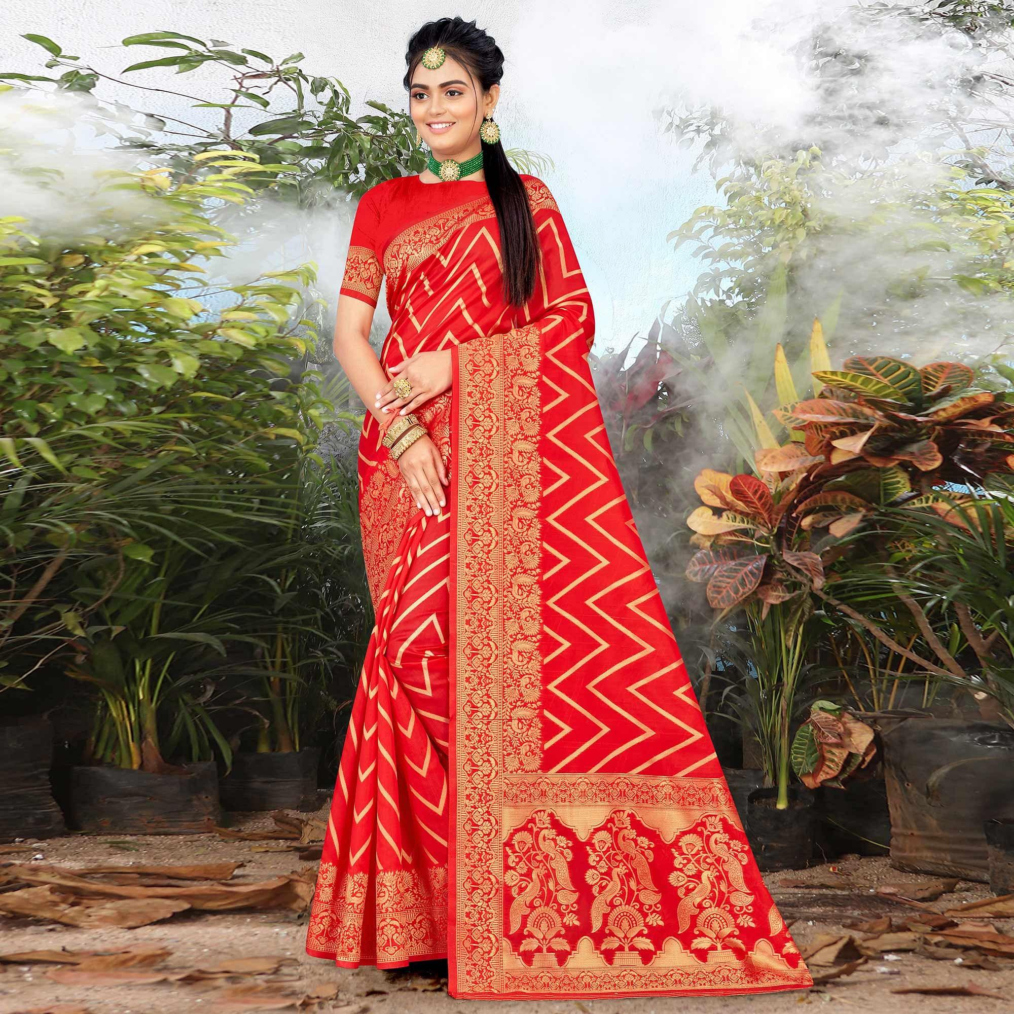 Red Festive Wear Woven Banarasi Silk Saree - Peachmode