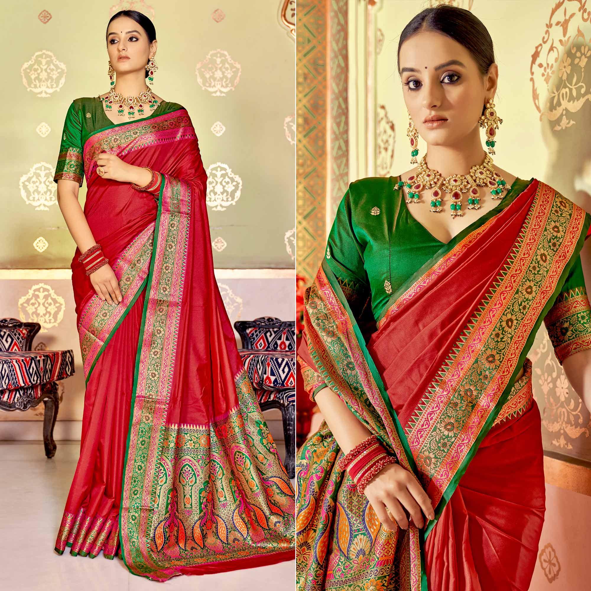 Red Festive Wear Woven Banarasi Silk Saree - Peachmode