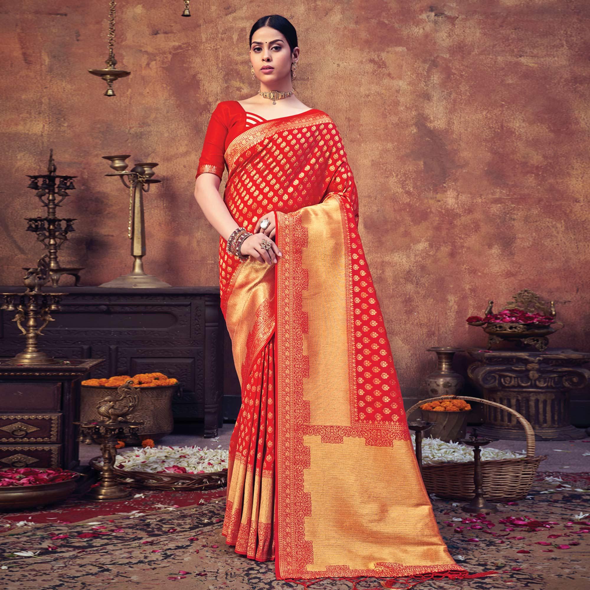 Red Festive Wear Woven Banarasi Silk Saree - Peachmode