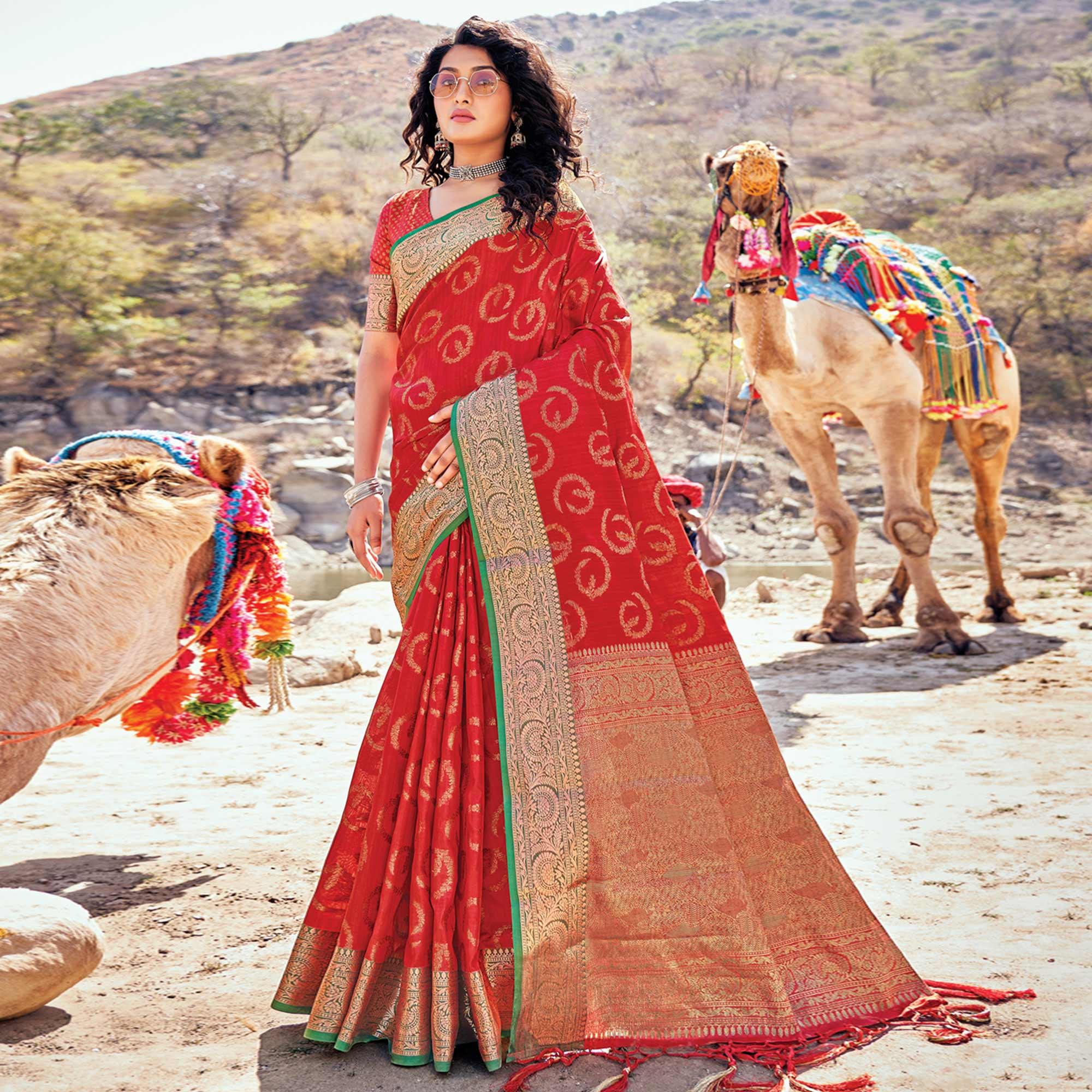 Red Festive Wear Woven Banarasi Silk Saree - Peachmode