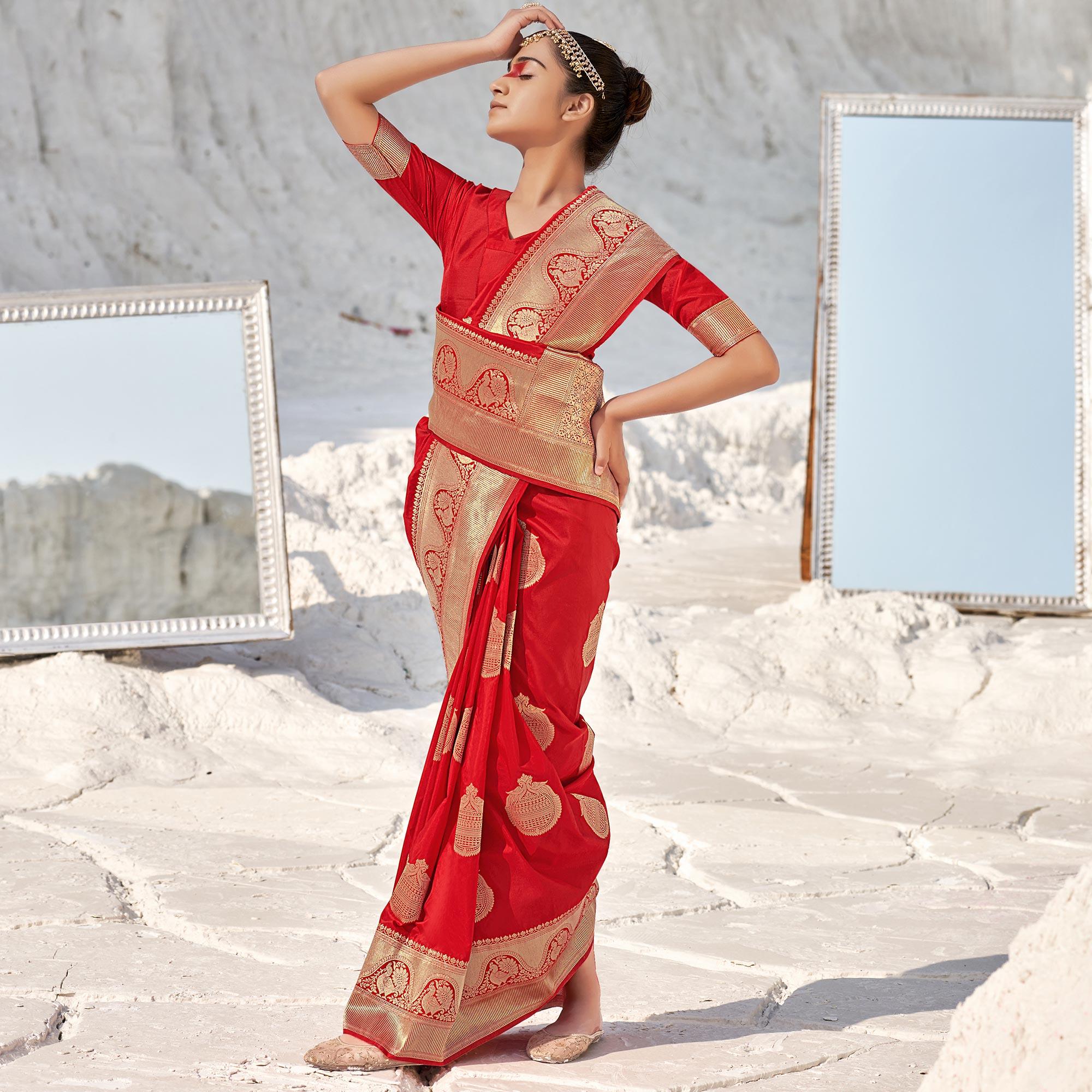Red Festive Wear Woven Banarasi Silk Saree - Peachmode