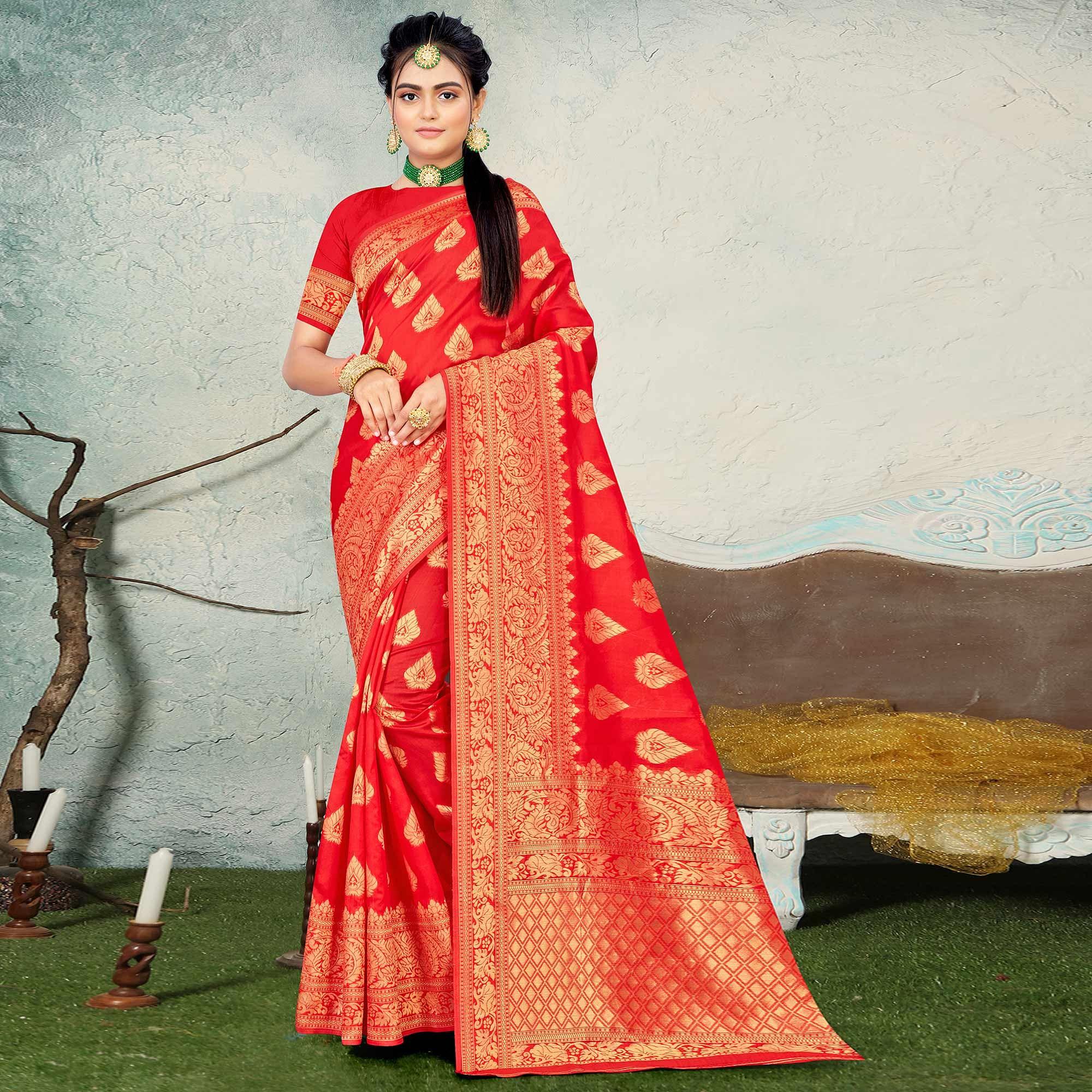 Red Festive Wear Woven Banarasi Silk Saree - Peachmode