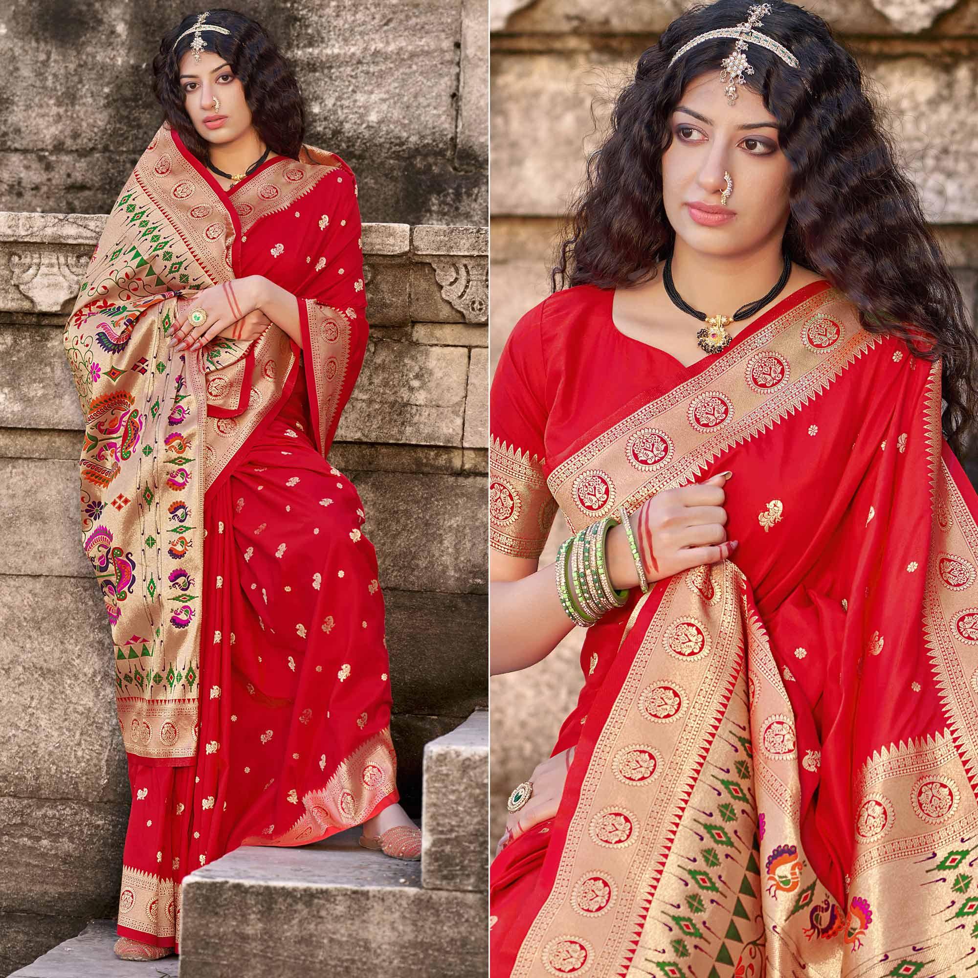 Red Festive Wear Woven Banarasi Silk Saree - Peachmode