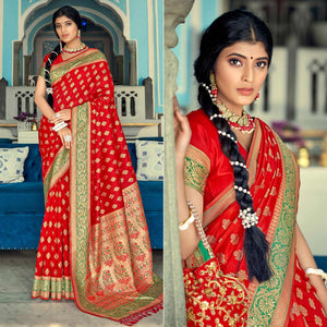 Red Festive Wear Woven Banarasi Silk Saree - Peachmode