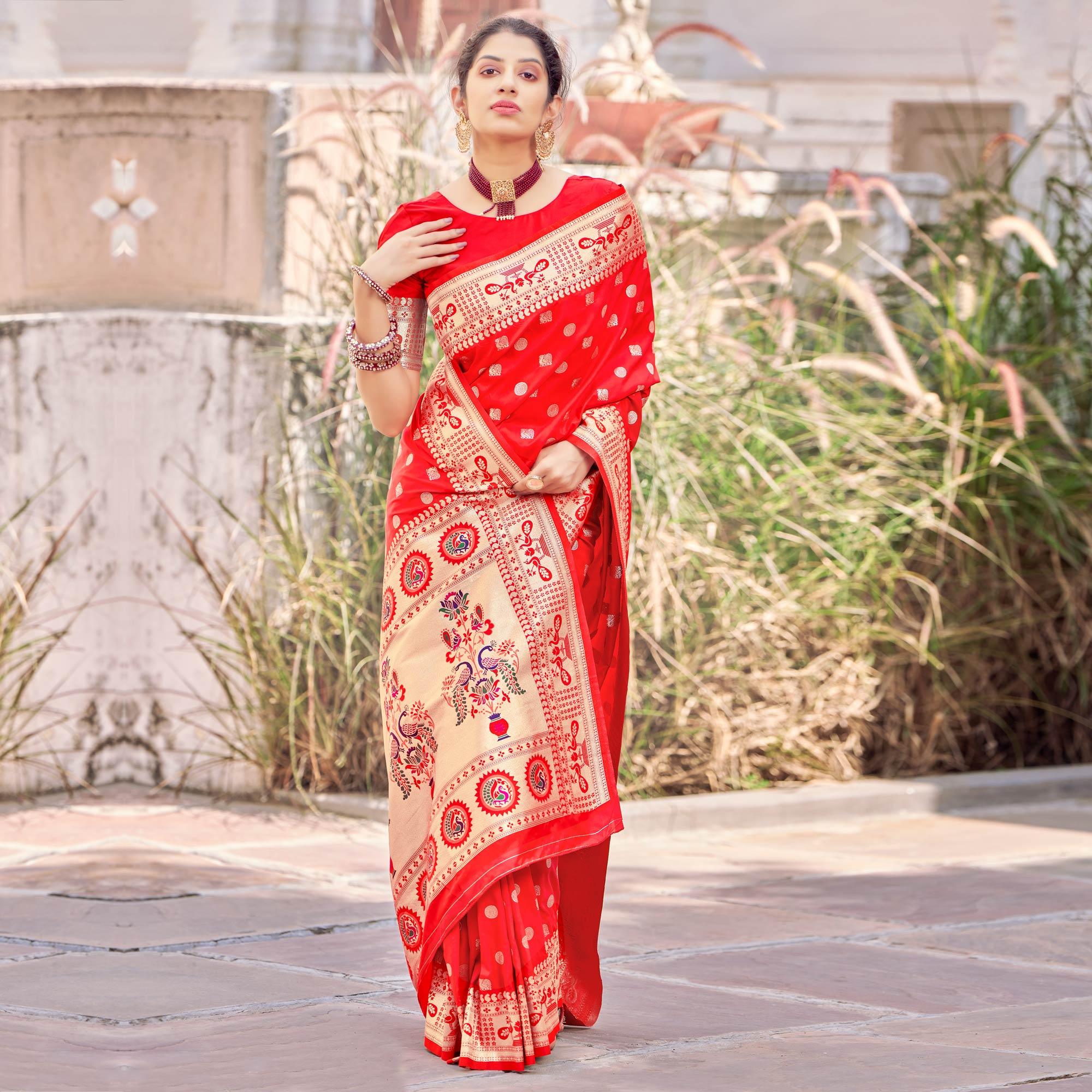 Red Festive Wear Woven Banarasi Silk Saree - Peachmode