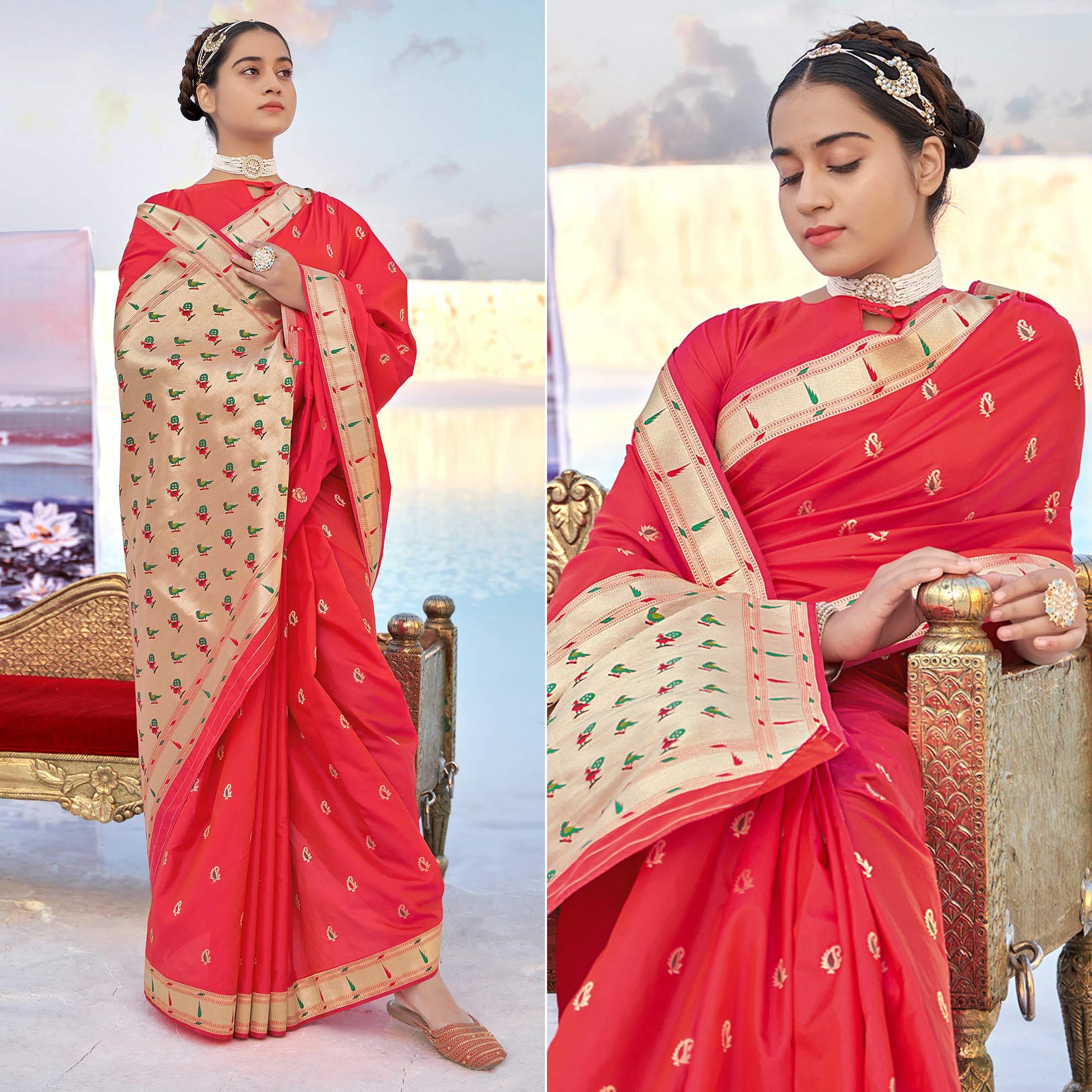 Red Festive Wear Woven Banarasi Silk Saree - Peachmode