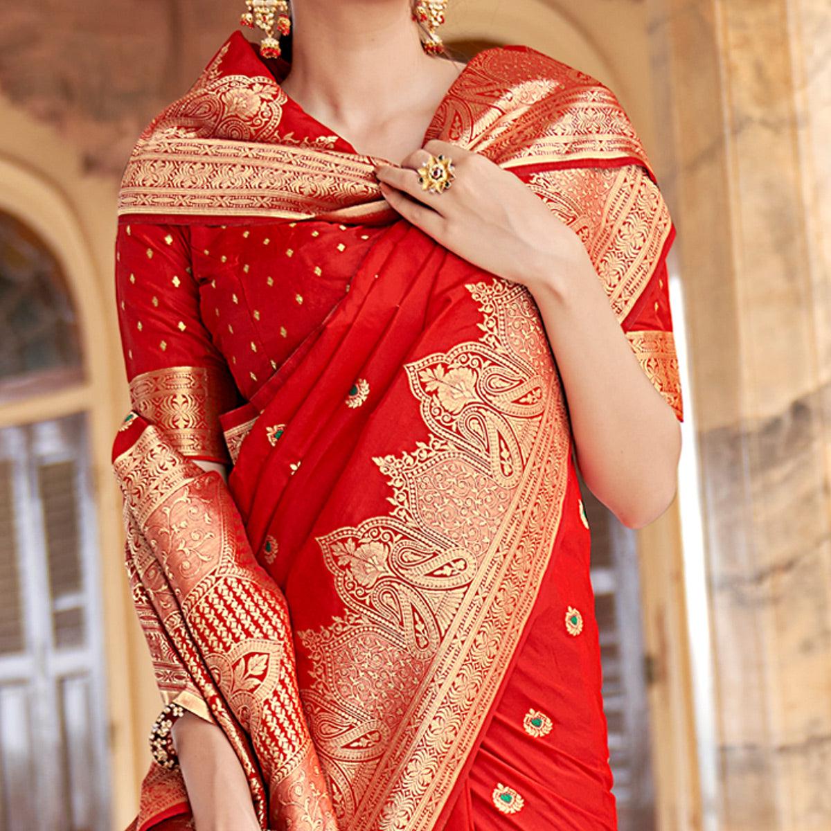 Red Festive Wear Woven Banarasi Silk Saree - Peachmode