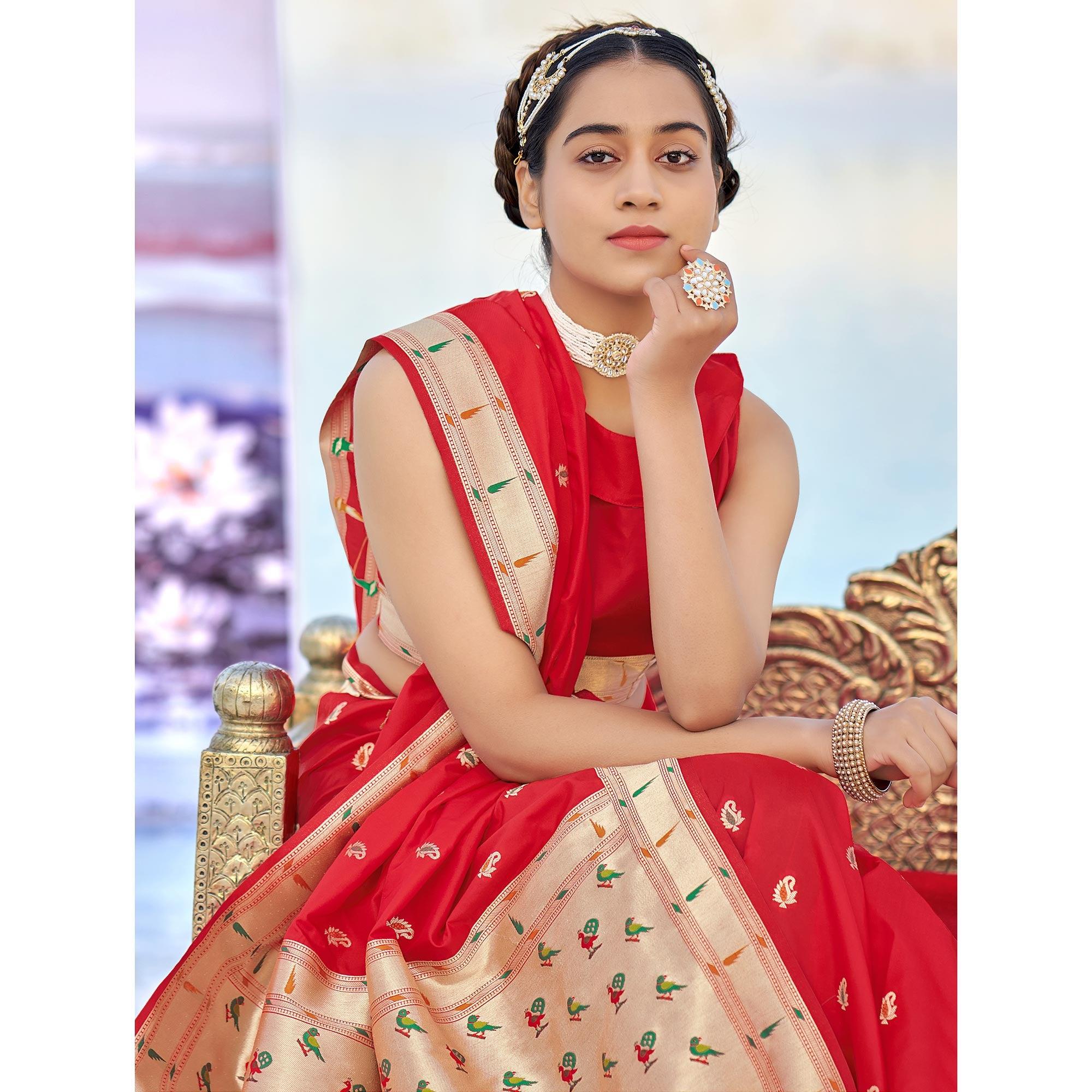 Red Festive Wear Woven Banarasi Silk Saree - Peachmode
