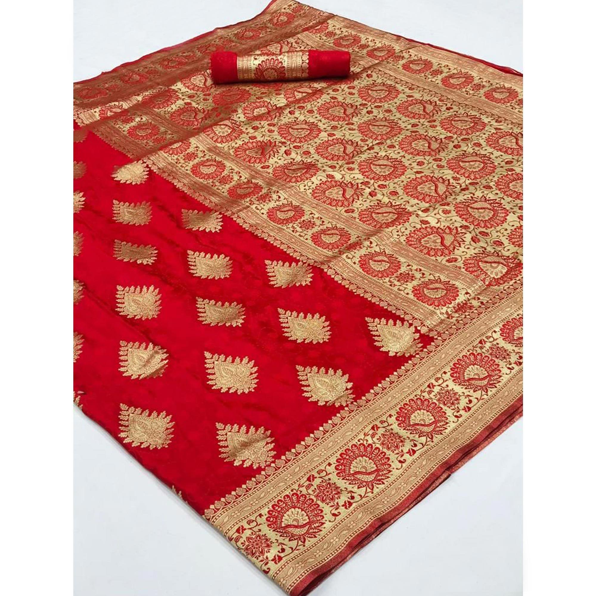 Red Festive Wear Woven Banarasi Silk Saree - Peachmode