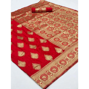 Red Festive Wear Woven Banarasi Silk Saree - Peachmode