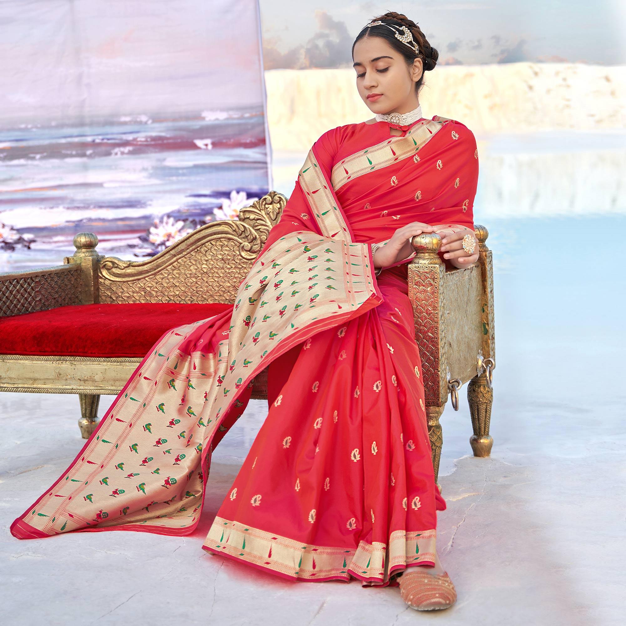 Red Festive Wear Woven Banarasi Silk Saree - Peachmode