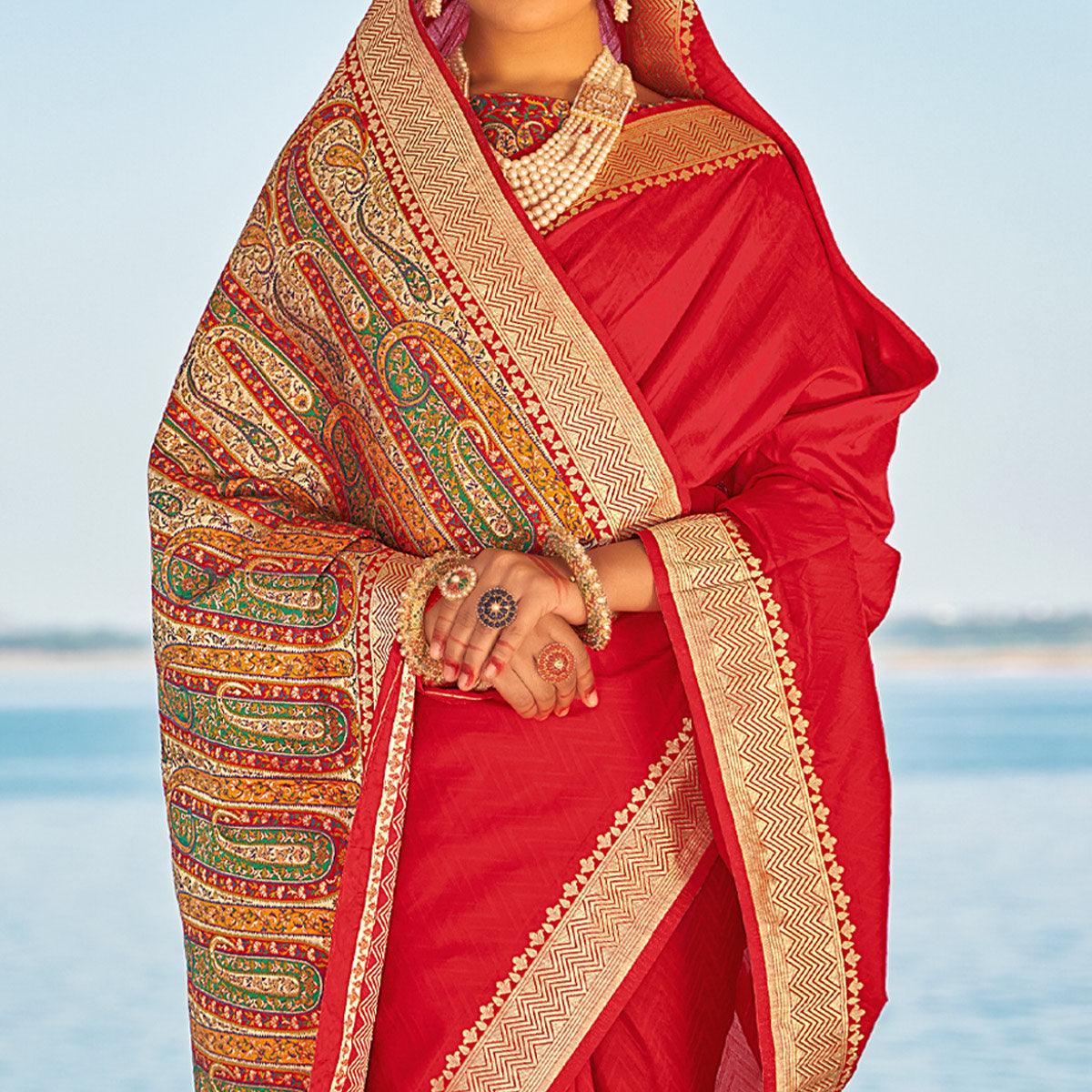 Red Festive Wear Woven Banarasi Silk Saree - Peachmode
