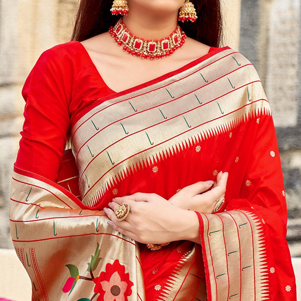 Red Festive Wear Woven Banarasi Silk Saree - Peachmode