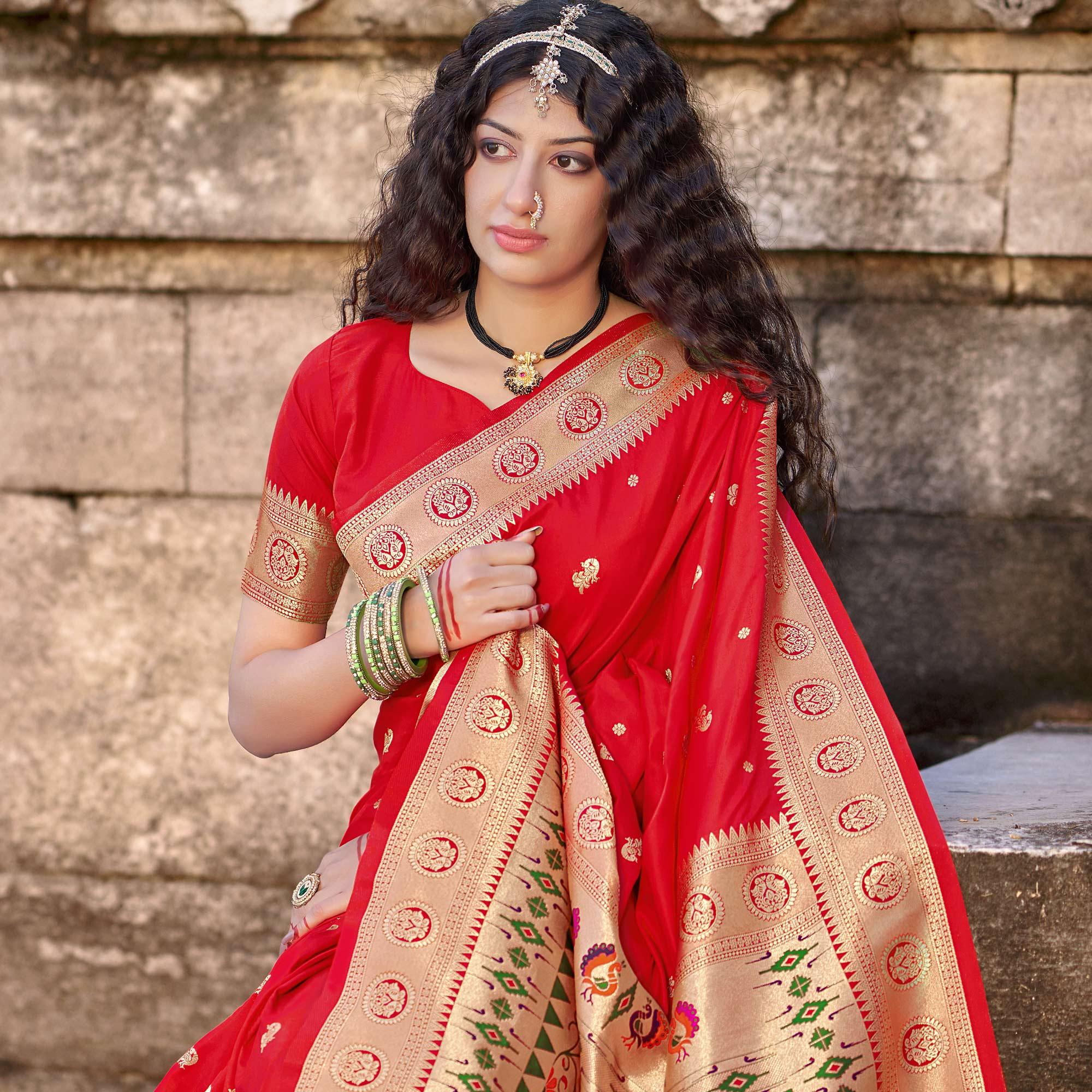 Red Festive Wear Woven Banarasi Silk Saree - Peachmode