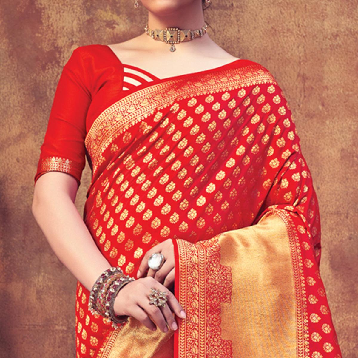 Red Festive Wear Woven Banarasi Silk Saree - Peachmode