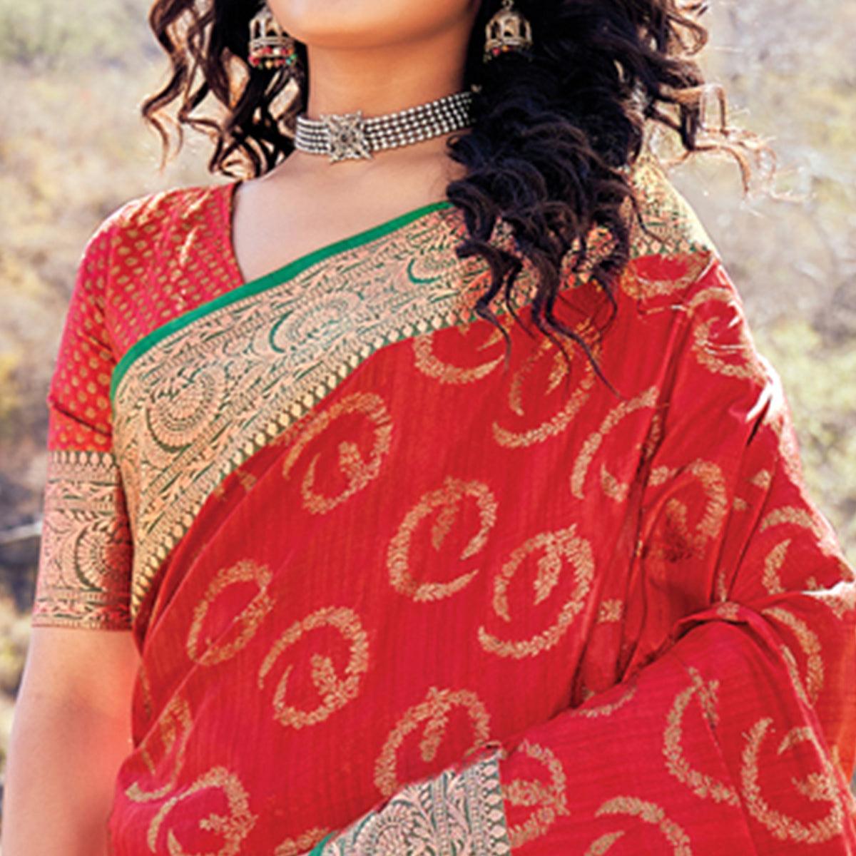 Red Festive Wear Woven Banarasi Silk Saree - Peachmode
