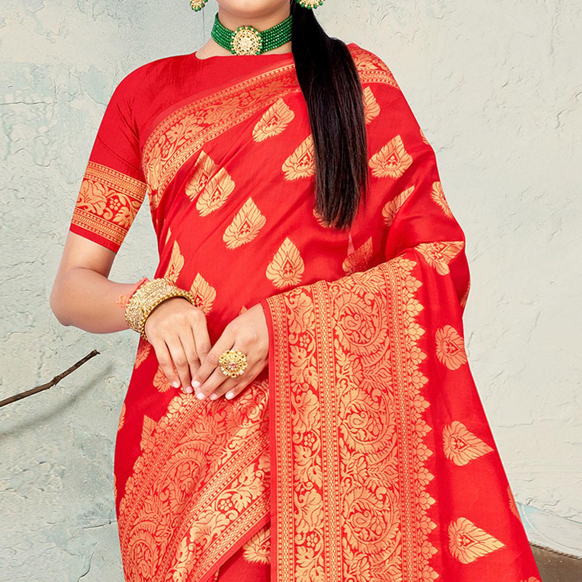 Red Festive Wear Woven Banarasi Silk Saree - Peachmode