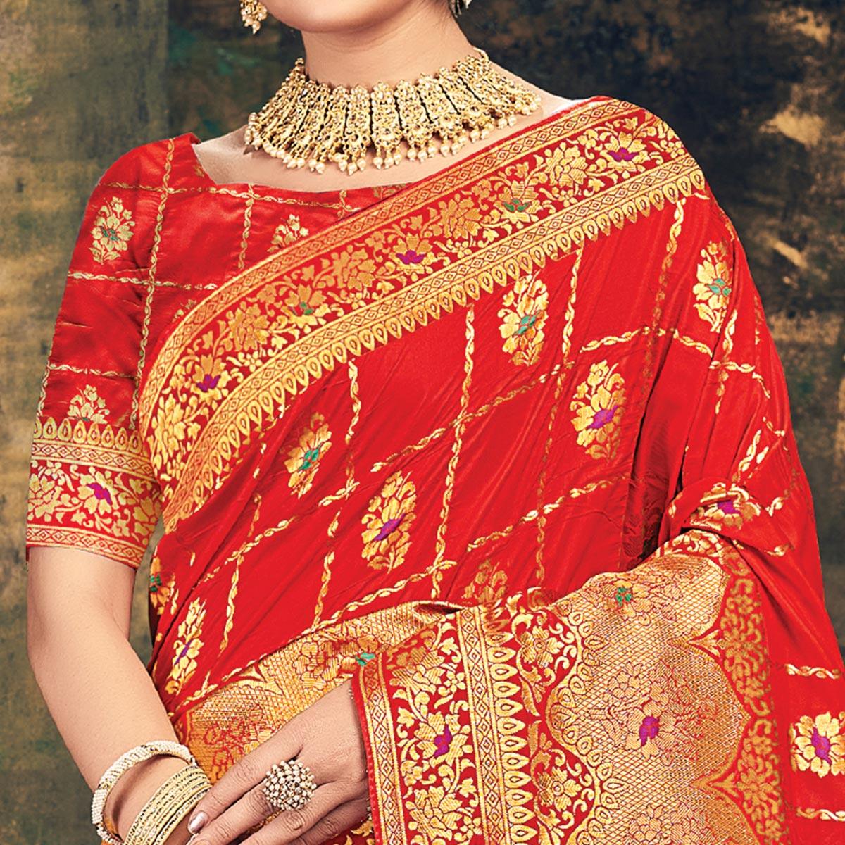 Red Festive Wear Woven Banarasi Silk Saree - Peachmode