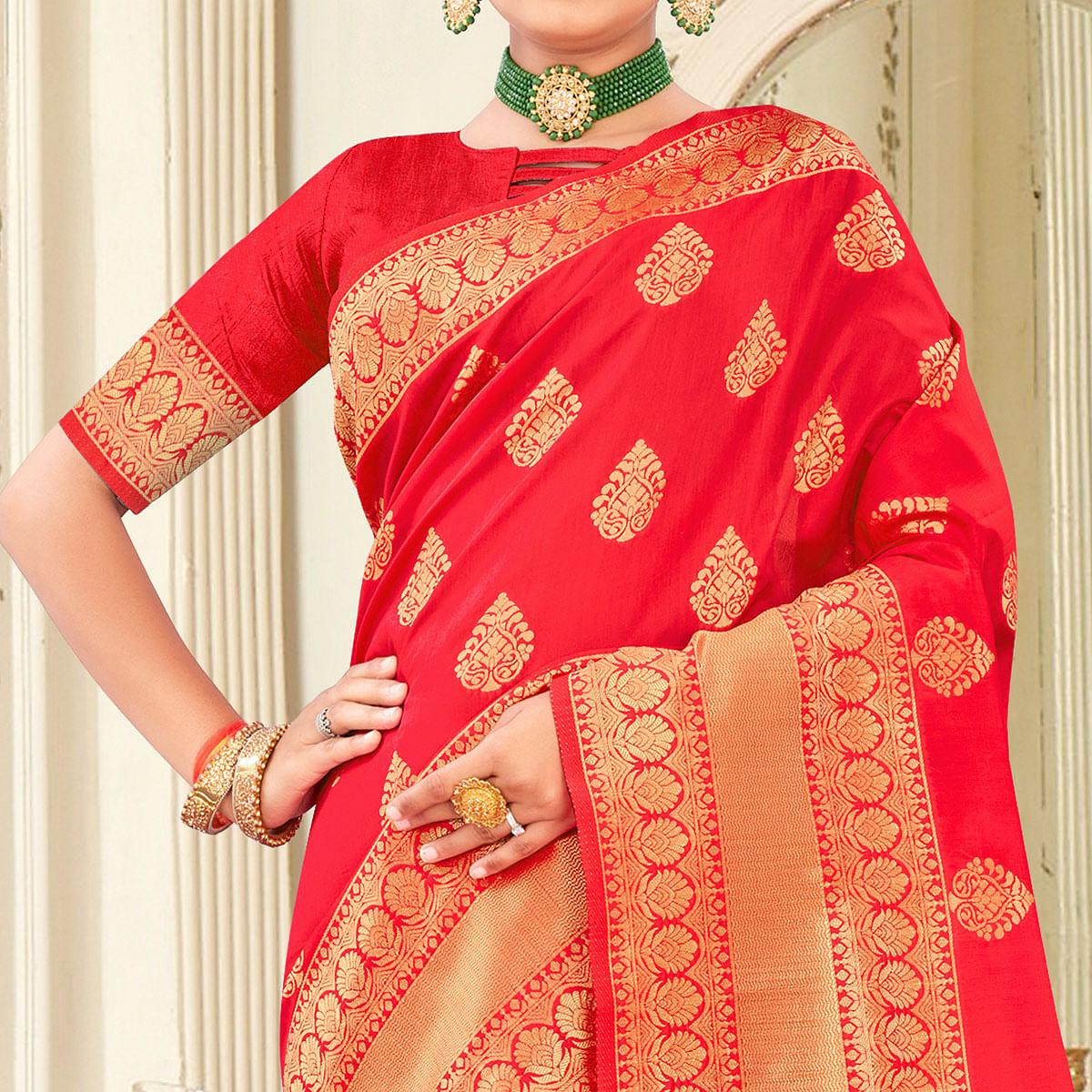 Red Festive Wear Woven Banarasi Silk Saree - Peachmode