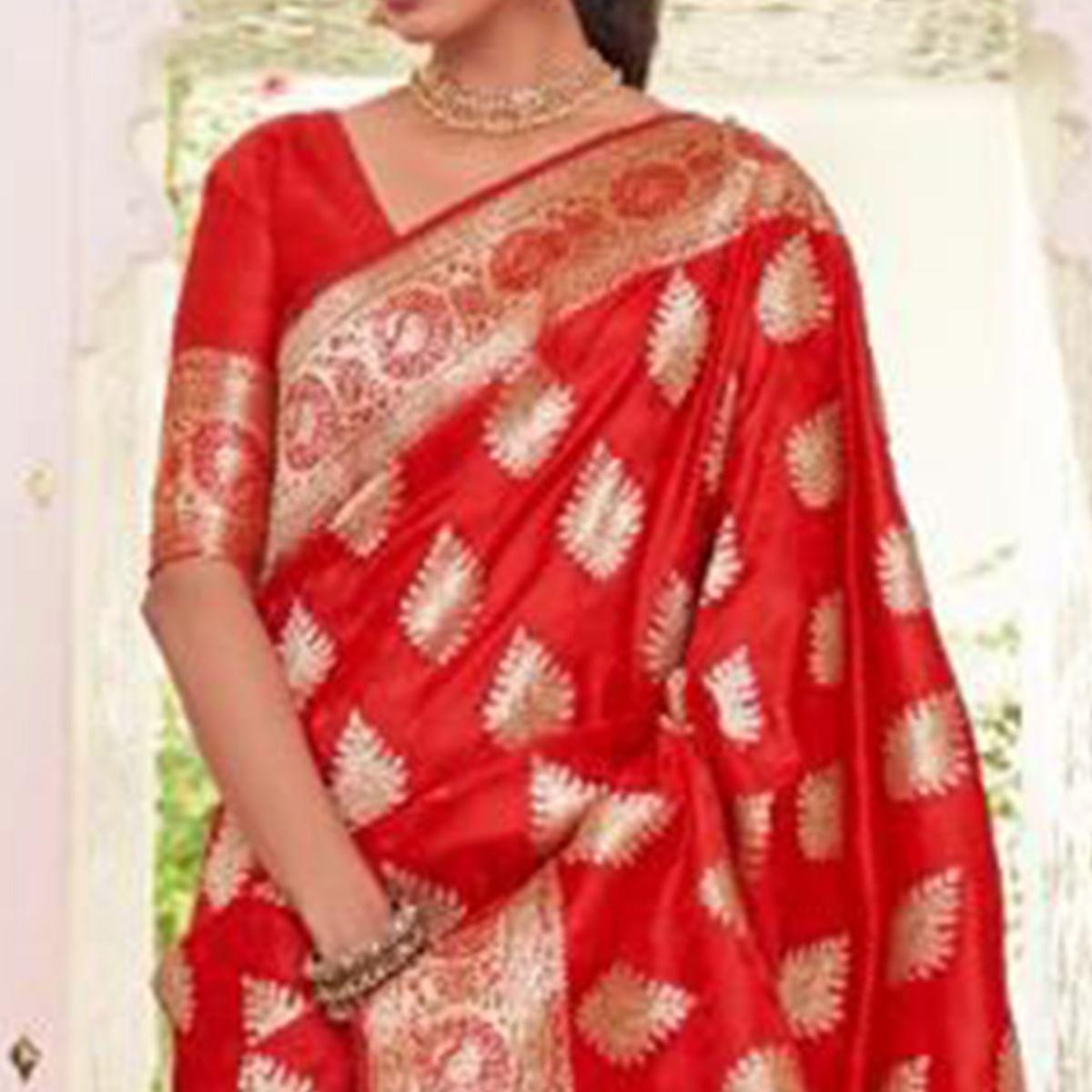 Red Festive Wear Woven Banarasi Silk Saree - Peachmode