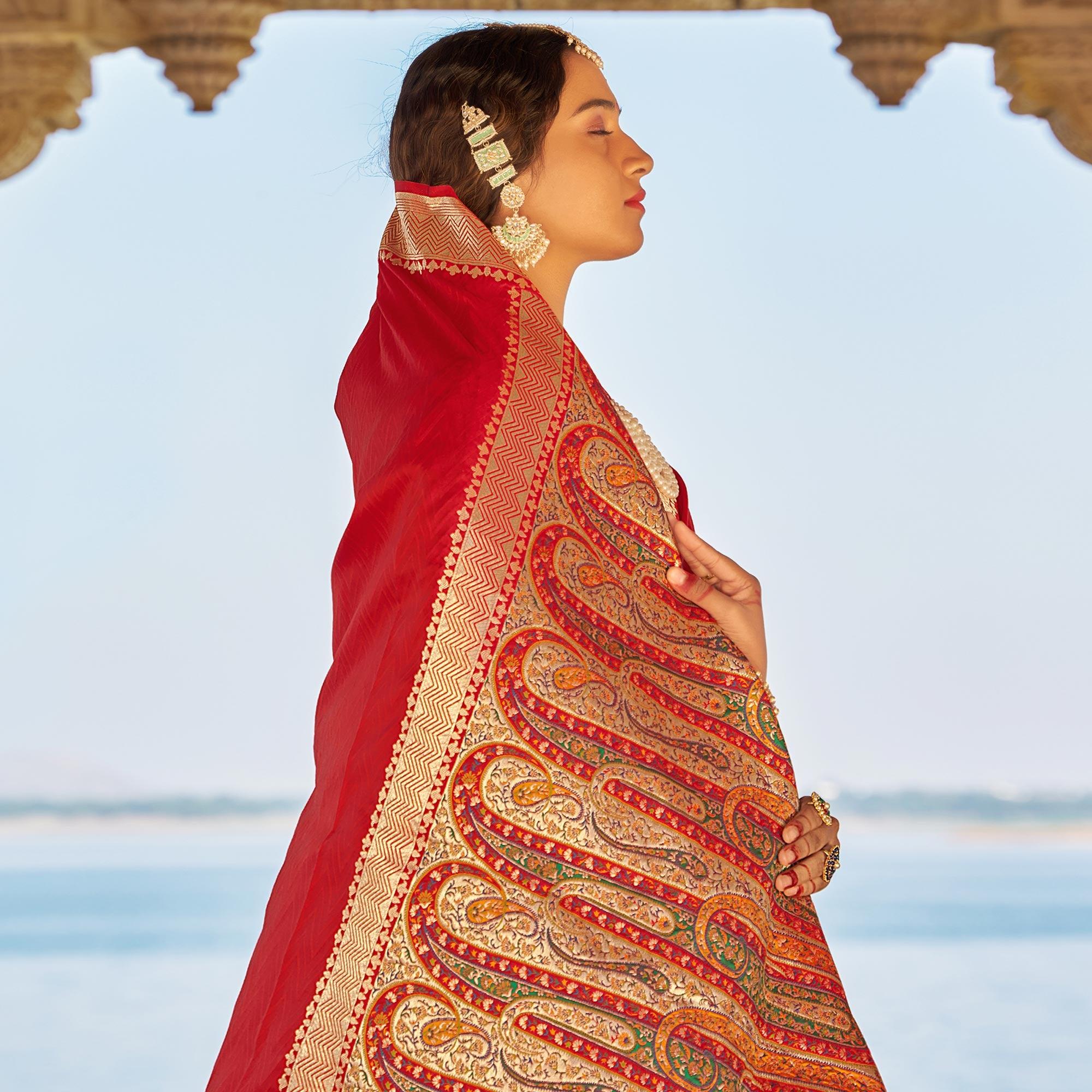 Red Festive Wear Woven Banarasi Silk Saree - Peachmode