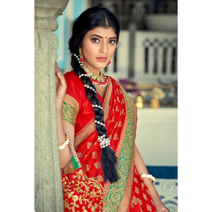 Red Festive Wear Woven Banarasi Silk Saree - Peachmode
