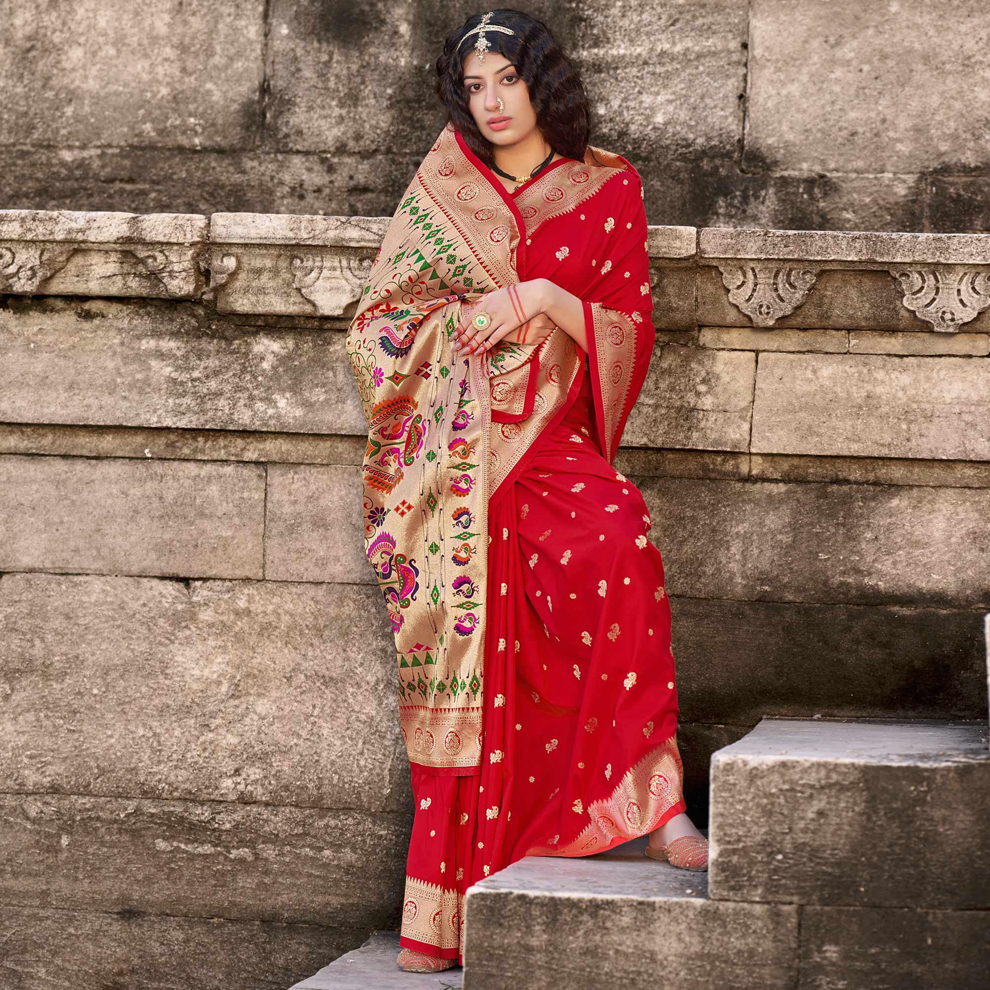 Red Festive Wear Woven Banarasi Silk Saree - Peachmode