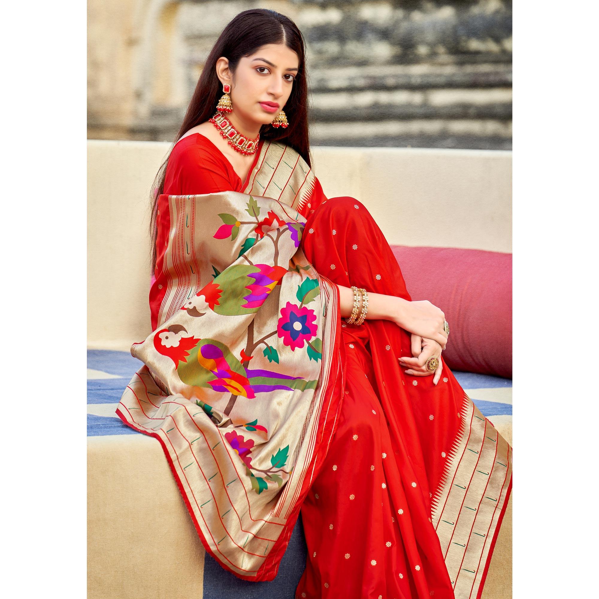 Red Festive Wear Woven Banarasi Silk Saree - Peachmode