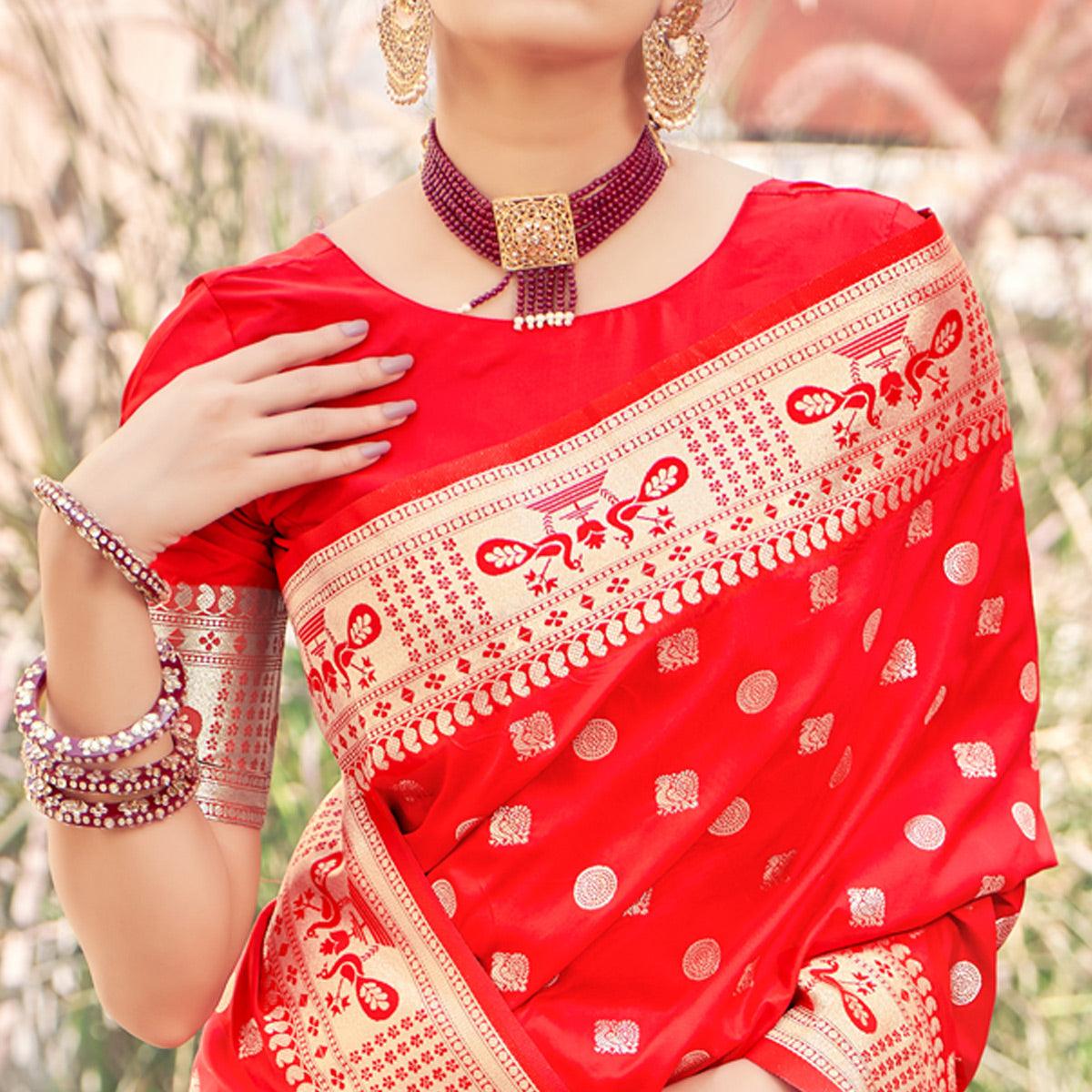 Red Festive Wear Woven Banarasi Silk Saree - Peachmode