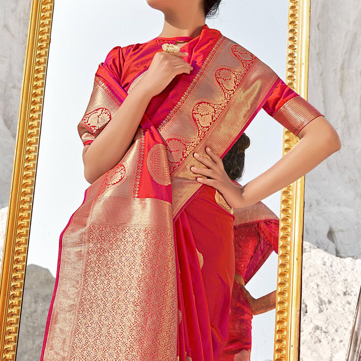 Red Festive Wear Woven Banarasi Silk Saree - Peachmode