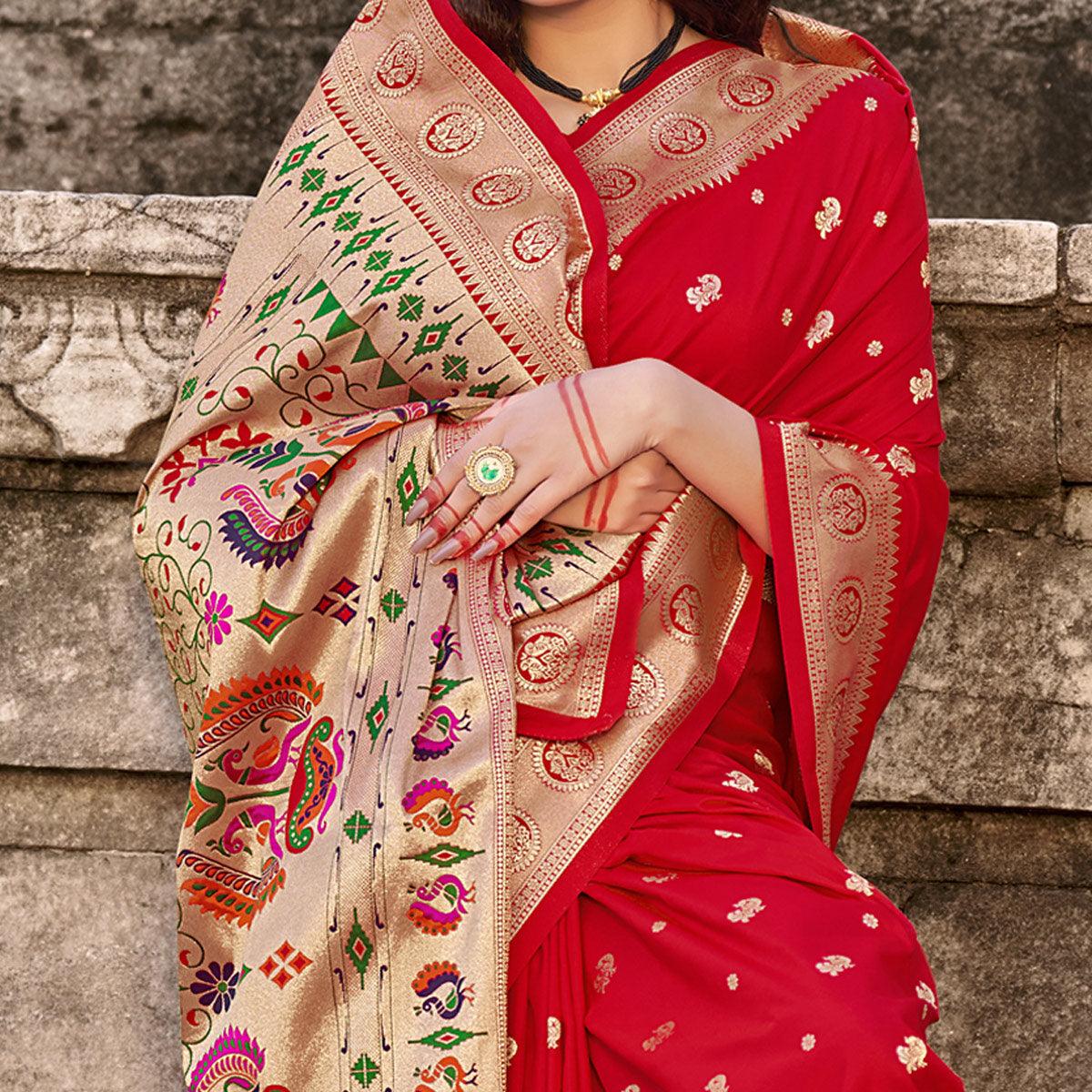 Red Festive Wear Woven Banarasi Silk Saree - Peachmode