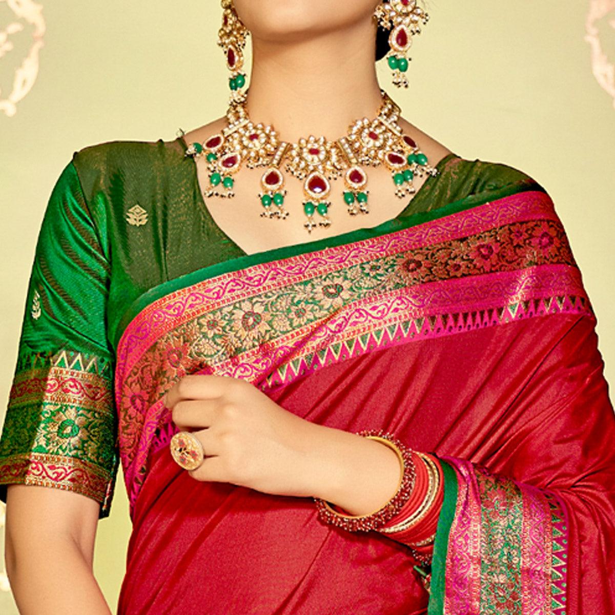 Red Festive Wear Woven Banarasi Silk Saree - Peachmode