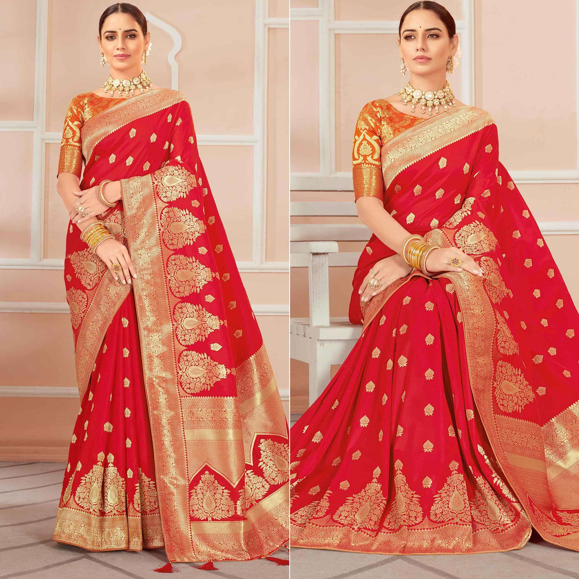 Red Festive Wear Woven Banarasi Silk Saree With Tassels - Peachmode
