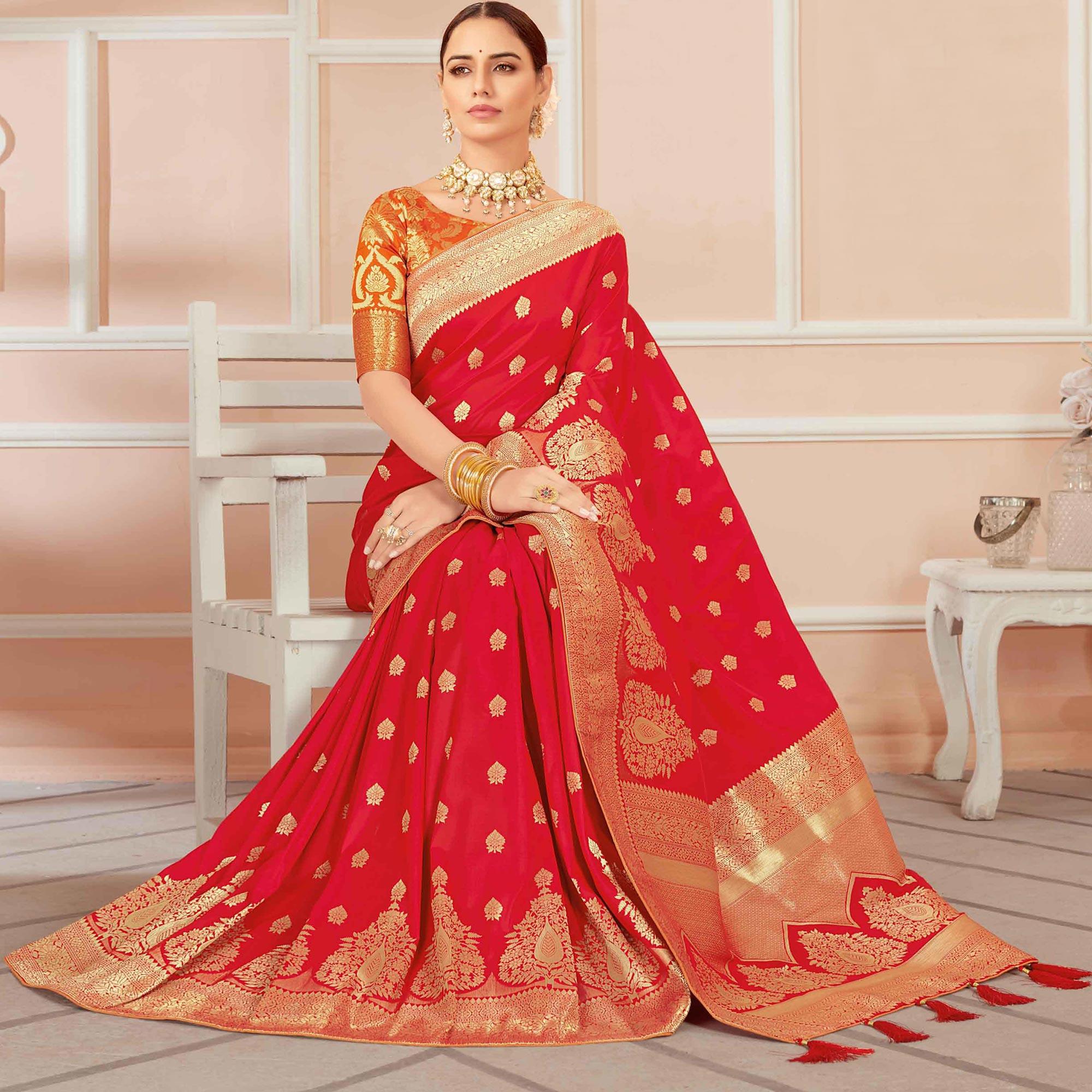 Red Festive Wear Woven Banarasi Silk Saree With Tassels - Peachmode