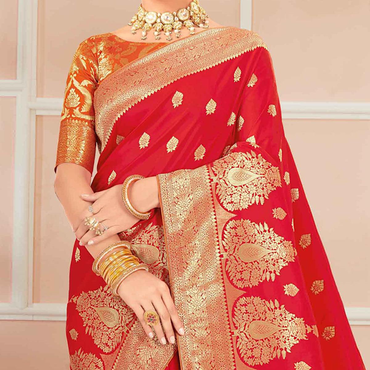 Red Festive Wear Woven Banarasi Silk Saree With Tassels - Peachmode