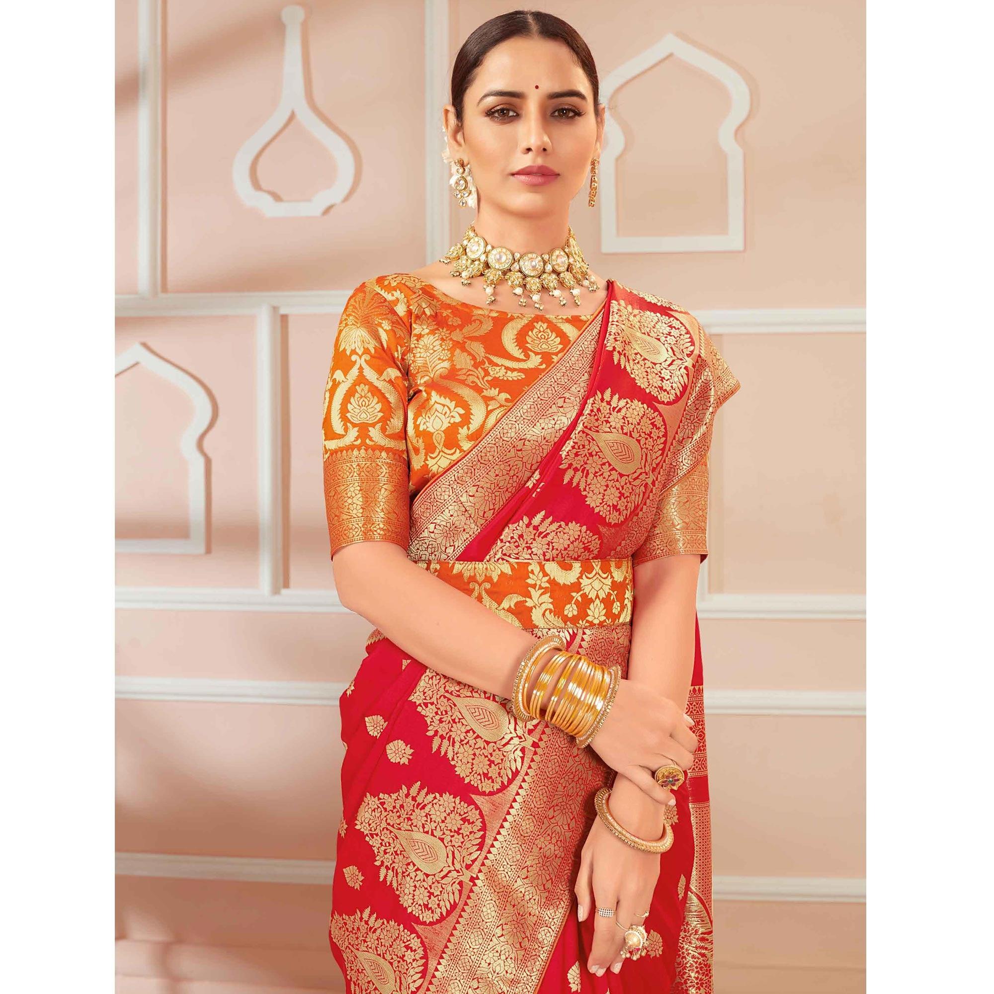 Red Festive Wear Woven Banarasi Silk Saree With Tassels - Peachmode