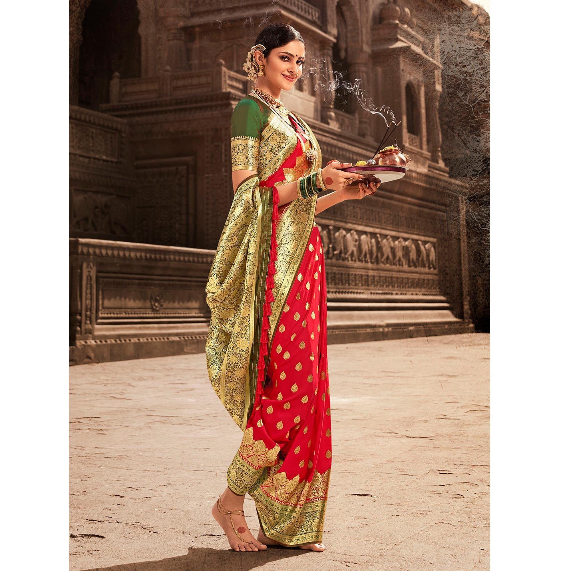 Red Festive Wear Woven Banarasi Silk Saree With Zari Border Pallu - Peachmode