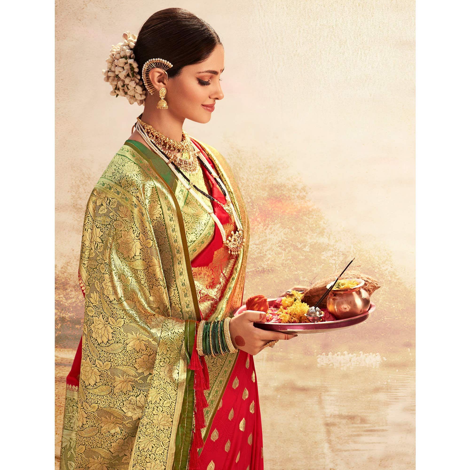 Red Festive Wear Woven Banarasi Silk Saree With Zari Border Pallu - Peachmode