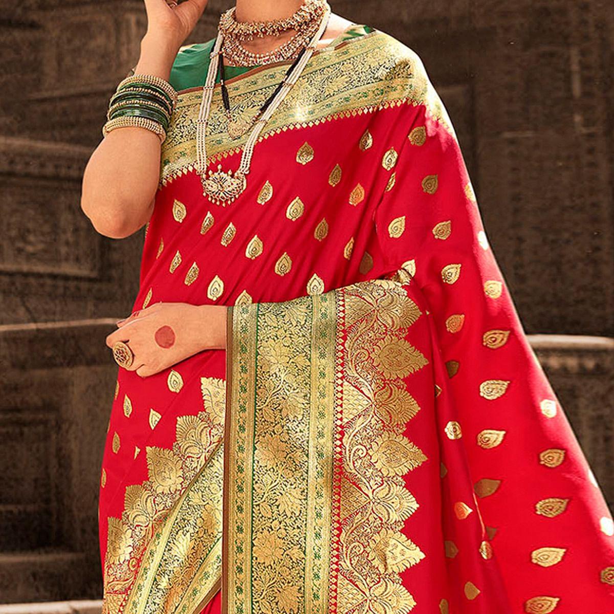 Red Festive Wear Woven Banarasi Silk Saree With Zari Border Pallu - Peachmode