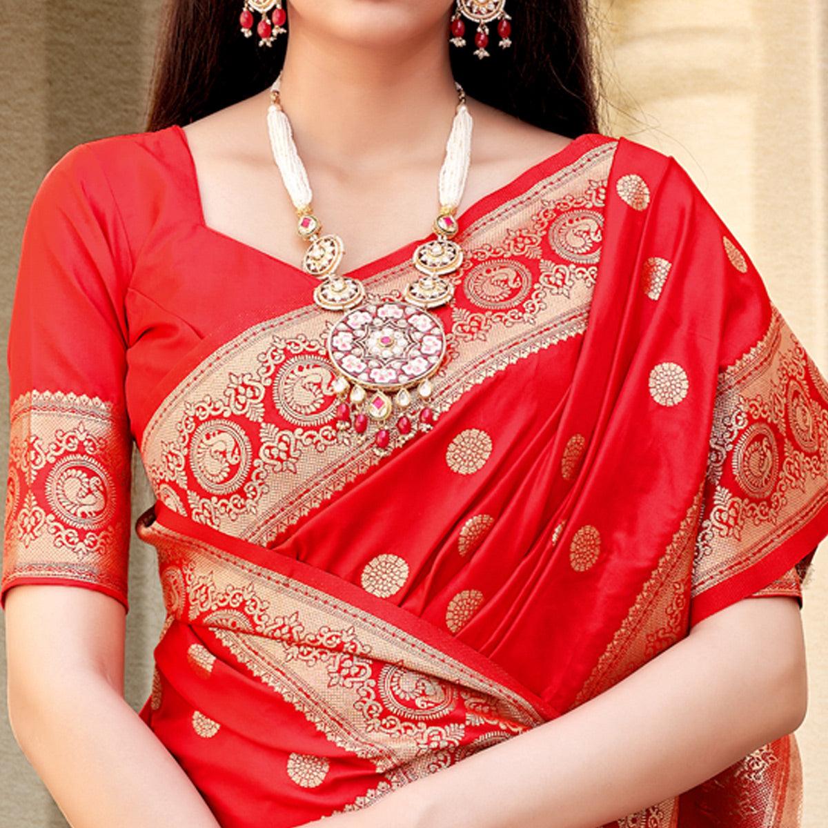 Red Festive Wear Woven Banarasi Soft Silk Saree - Peachmode