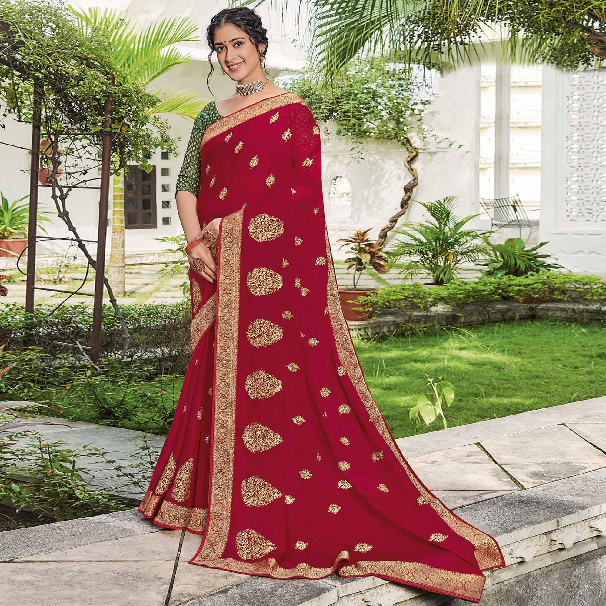 Red Festive Wear Woven Chiffon Saree - Peachmode