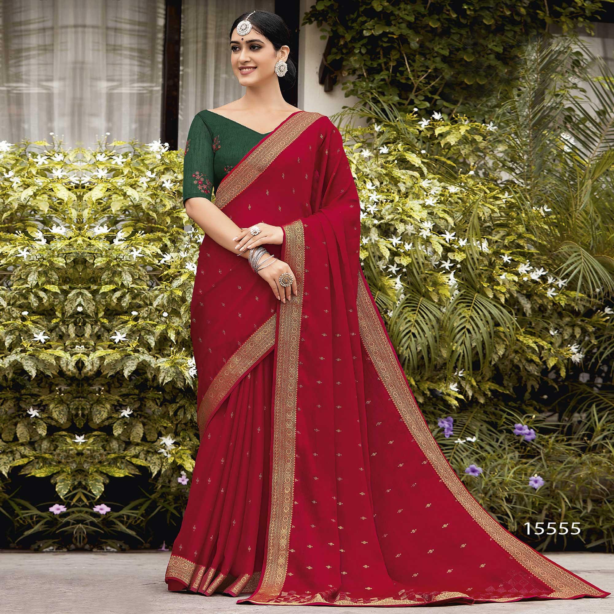 Red Festive Wear Woven Chiffon Saree - Peachmode
