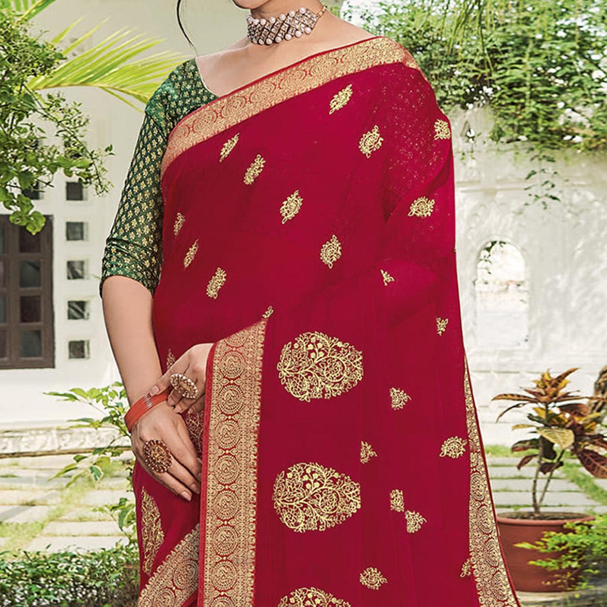 Red Festive Wear Woven Chiffon Saree - Peachmode