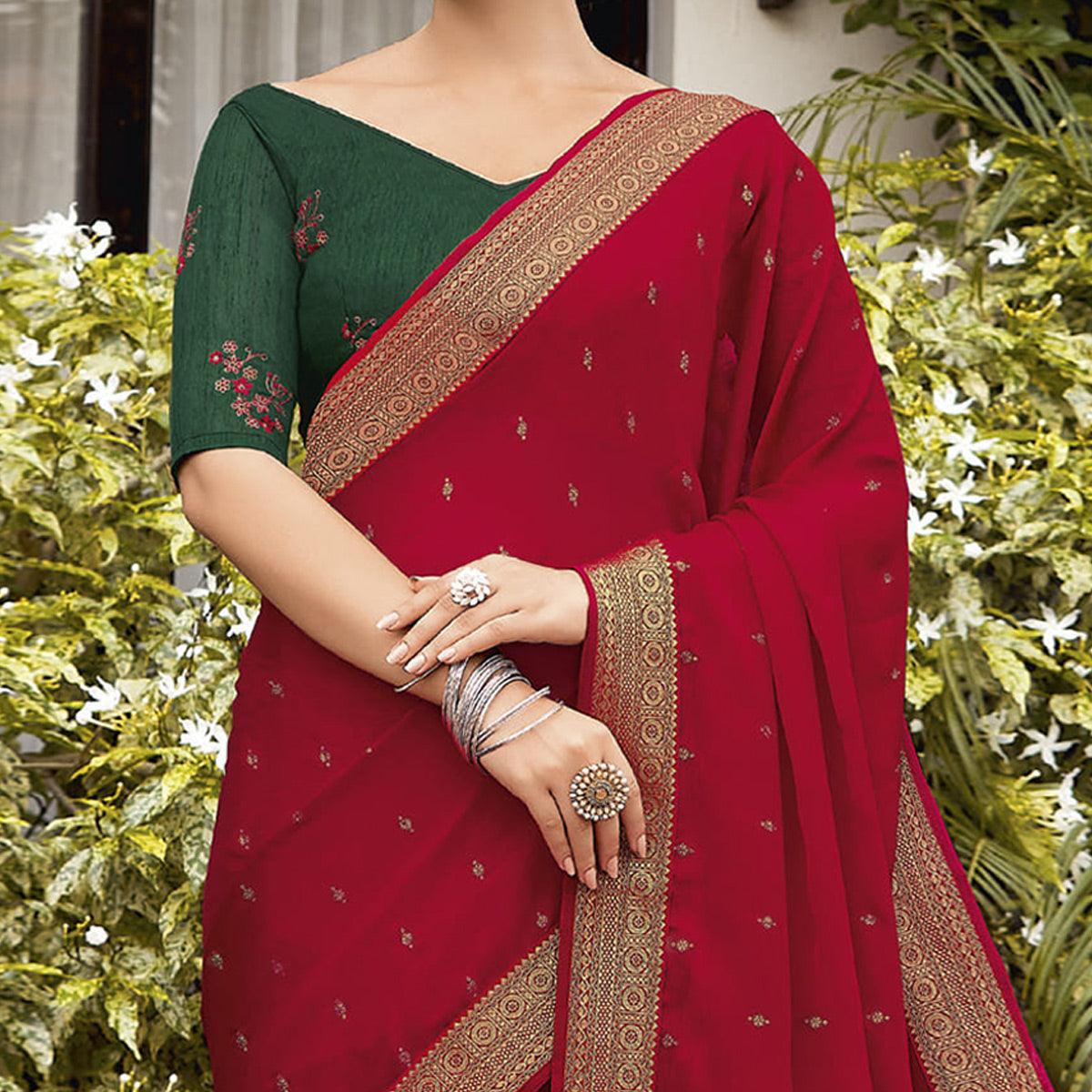 Red Festive Wear Woven Chiffon Saree - Peachmode