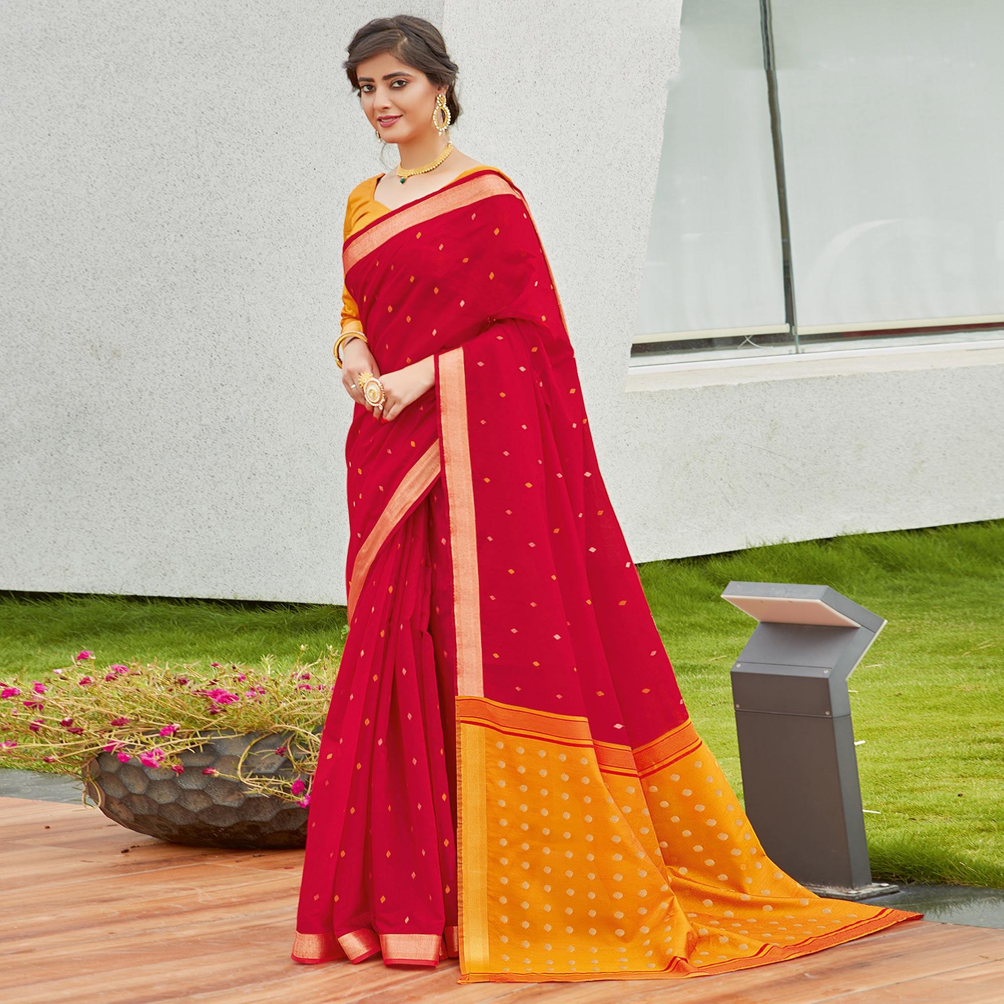 Red Festive Wear Woven Cotton Saree - Peachmode