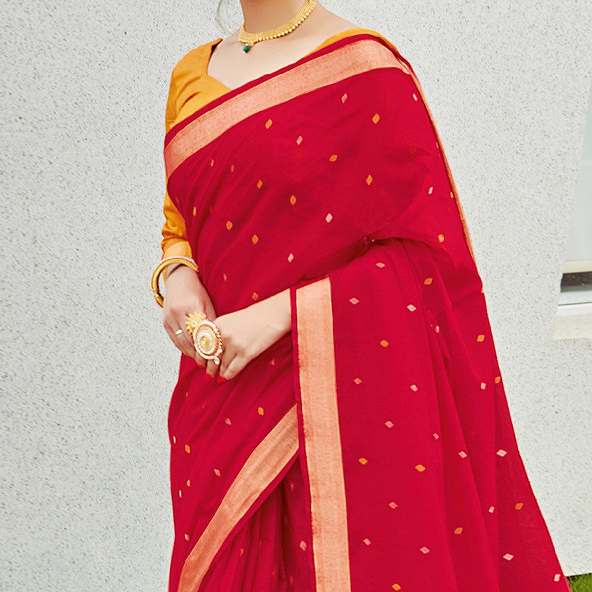 Red Festive Wear Woven Cotton Saree - Peachmode