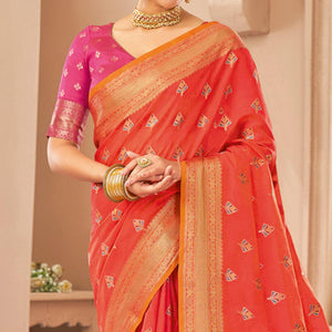 Red Festive Wear Woven Cotton Saree - Peachmode