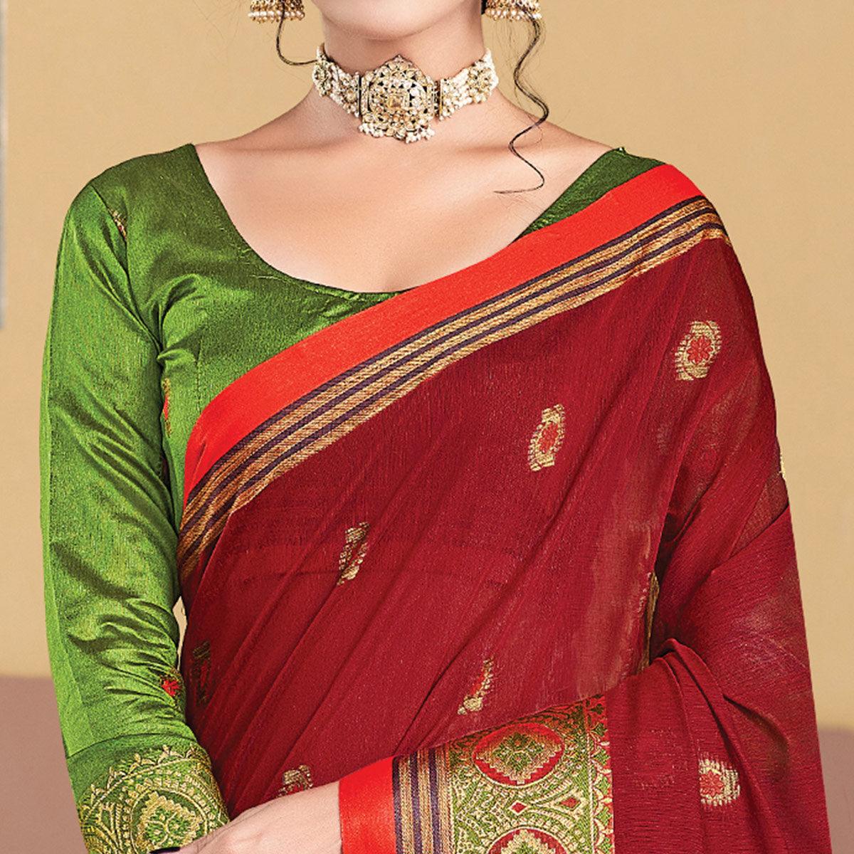 Red Festive Wear Woven Cotton Saree - Peachmode