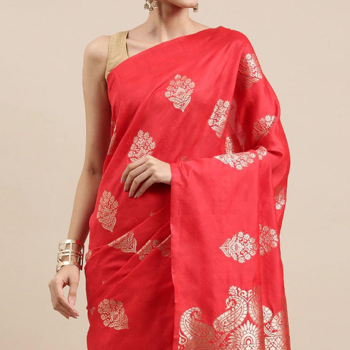 Red Festive Wear Woven Cotton Silk Designer Saree - Peachmode